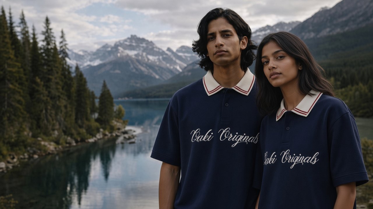 Two people in navy QAKI Originals polos beside a mountain lake
