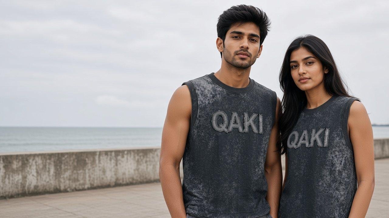 Two people in the dark Cut N Sew vest, standing on a waterfront