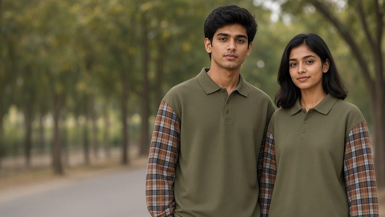 Two people in olive Woven Polos with brown plaid sleeves, on a tree-lined avenue